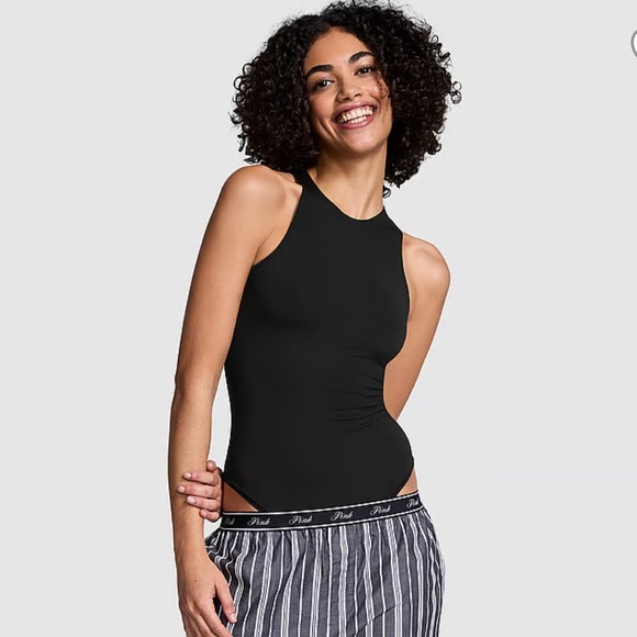 🆕 PINK VICTORIA’S SECRET BASE STRETCH HIGH-NECK BODYSUIT PURE BLACK MEDIUM 8-10 - Picture 2 of 9